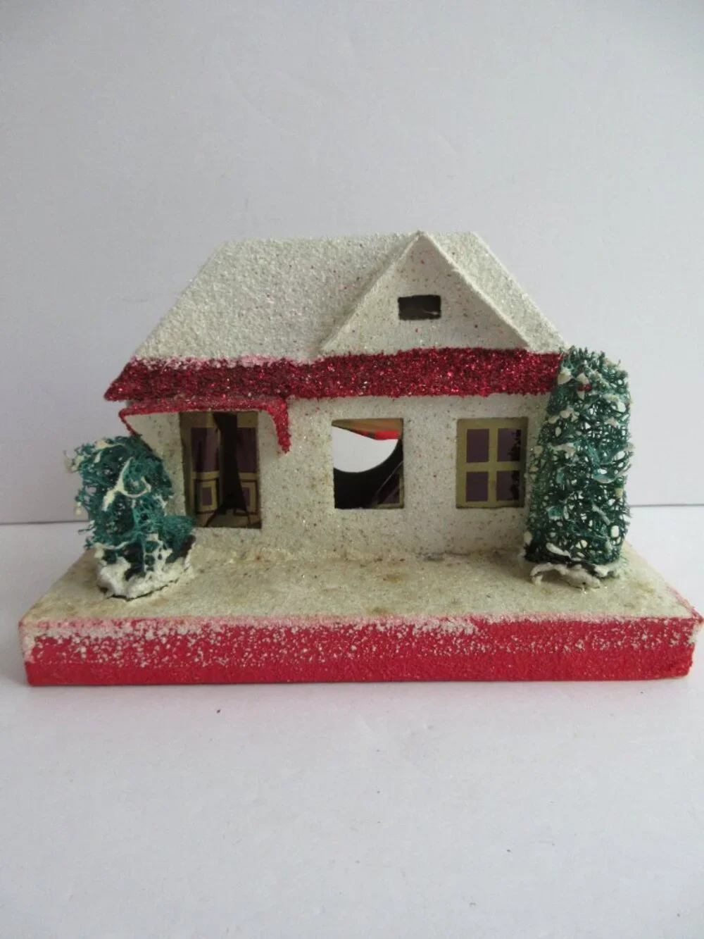 3 Putz Japan Cardboard Christmas Village Red Houses Church, Bottle Brush Trees